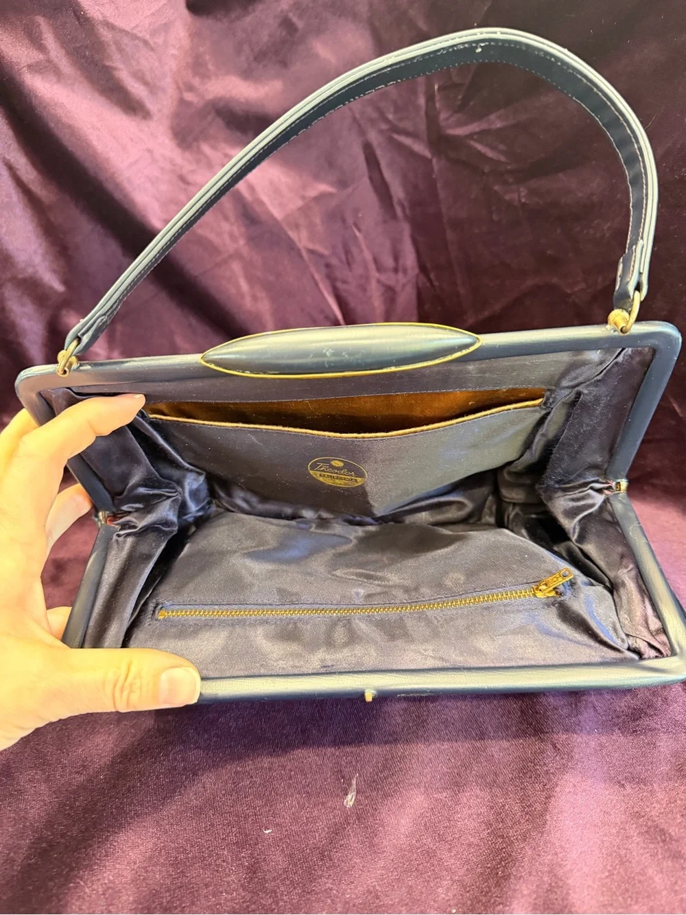 Vintage Structured Classic Navy Blue Top-Handle Satchel